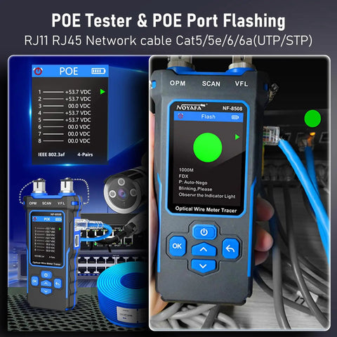 All In One Network Cable Tester With Optical Power Meter And VFL, PoE Test, Cable Length Measurement, RJ11 RJ45 Tester For CAT5 CAT6, close-up view