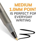 Close-up of BIC 60 Count Round Stic Xtra Life black ballpoint pen showing medium 1.0mm point for smooth writing.
