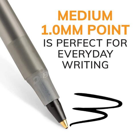 Close-up of BIC 60 Count Round Stic Xtra Life black ballpoint pen showing medium 1.0mm point for smooth writing.