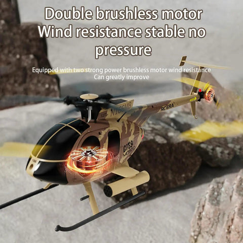 MD500 RC Helicopter Model C189 1/28 Scale 4CH Single Rotor With 6-Axis Gyro camouflage in flight, focus on double brushless motor