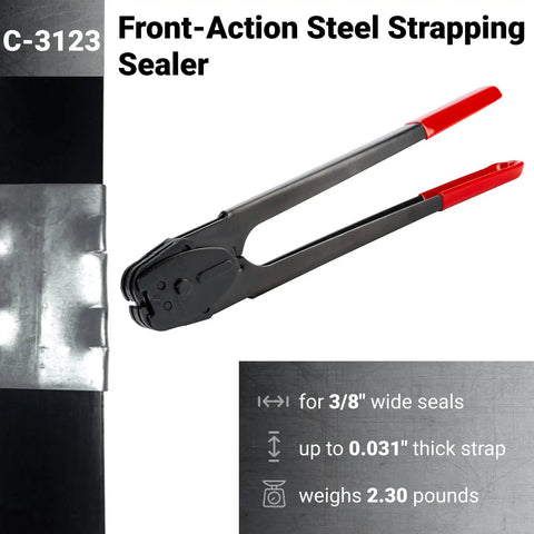 Front Action Double Notched Sealer Crimper For 3/8 Inch Steel Strapping, Long-Handle Manual Tool Built Tough For Vertical Or Horizontal Use, Heat Treated Steel Parts, Pro Grade Durability, shown with 3/8 inch steel strap
