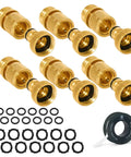 Solid Brass Garden Hose Quick Connectors Set 3/4 Inch GHT Thread Includes Six Male and Six Female Connectors Plus Teflon Tape Washers and O Rings for Leak Proof Heavy Duty Rust Proof Performance displayed with washers and tape