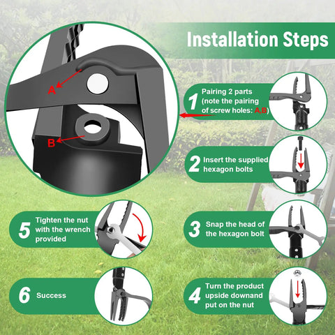 Instructions for assembling the 46 Inch Stand Up Weed Puller Tool, 4 Claw Weeder With Adjustable Handle, ergonomic garden tool.