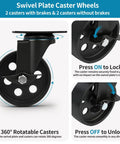 Beefy Heavy Duty 4 Inch Swivel Plate Caster Set Of 4 With Brakes, showing close-up of rust resistant cast iron wheel and brake mechanism