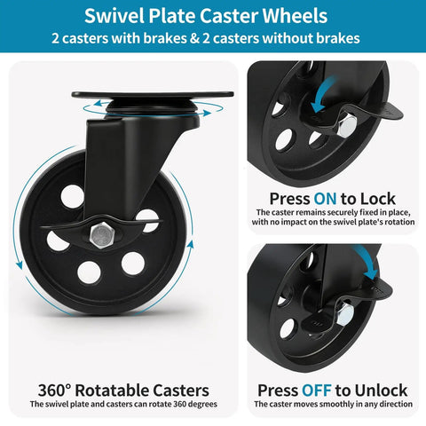Beefy Heavy Duty 4 Inch Swivel Plate Caster Set Of 4 With Brakes, showing close-up of rust resistant cast iron wheel and brake mechanism