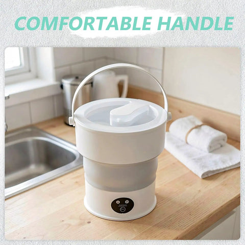 Sweet Compact Folding Mini Washing Machine Portable Travel Washer For Socks Underwear And Delicates Quick Rinse Auto Drain Straight Up Compact Design For Dorms with comfortable handle on kitchen counter.