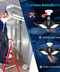 Man installing 2 Pack LED Garage Light Set Deformable 150W Ceiling Light With Six And One Adjustable Panels, 30000LM 6500K Daylight
