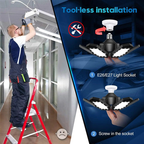Man installing 2 Pack LED Garage Light Set Deformable 150W Ceiling Light With Six And One Adjustable Panels, 30000LM 6500K Daylight