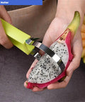 Person using 4 In 1 Stainless Steel Fruit Carving Tools Set with dragon fruit showing green handle cutter for easy fruit shapes.