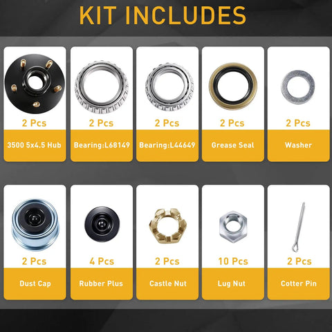 Sweet Heavy Duty 2 Pack Boat Trailer Idler Hub Kit 3500 Lbs includes hub, bearings, dust cap, lug nut, and grease seal components.