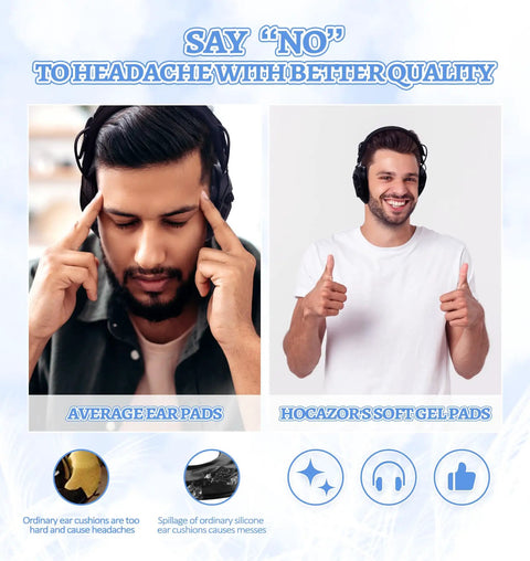 Side-by-side comparison of average ear pads and Comfy Replacement Gel Ear Pads For Walkers Razor And XCEL Earmuffs with text overlay.