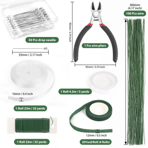 DIY Floral Arrangement Kit With Green Floral Tape And Wire For Boutonniere And Bouquet, Includes wires, pins, ribbon, and cutter