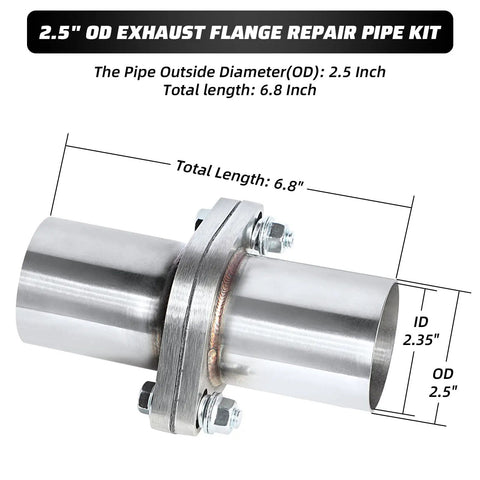 Heavy Duty 304 Stainless Steel Exhaust Flange Repair Pipe Kit For Cars And Trucks With 2 5 Inch Outside Diameter close-up view of the pipe and dimensions