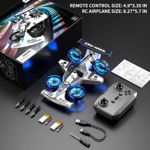 Dual Mode RC Plane Car Toy For Kids Ages 4 To 12 2 In 1 Foam Jet Drone With One Key Switch, showing packaged contents.