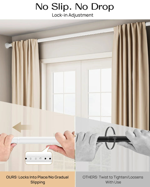 Extra Long Tension Curtain Rod No Drill 82 To 123 Inch Heavy Duty Spring Loaded Lock In Stability Non Slip End Caps For Shower Window Patio 1.26 Inch Diameter White mounted above beige curtains