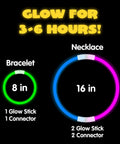100 Piece Bulk Glow Stick Party Stack Featuring 8 Inch Neon Light Up Necklaces, Dope Flexing Armbands With Secure Snap Clips, Hella Bright Halloween Rave Gear For Your Night Out Squad, showcasing 8-inch bracelet and 16-inch necklace designs.