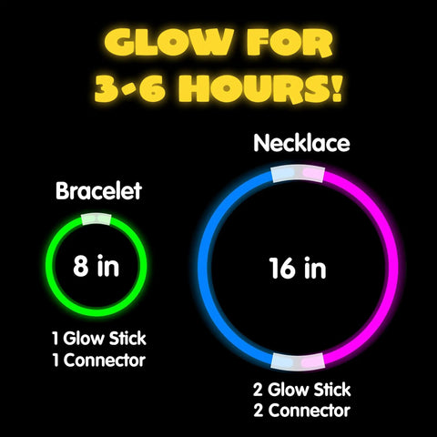 100 Piece Bulk Glow Stick Party Stack Featuring 8 Inch Neon Light Up Necklaces, Dope Flexing Armbands With Secure Snap Clips, Hella Bright Halloween Rave Gear For Your Night Out Squad, showcasing 8-inch bracelet and 16-inch necklace designs.