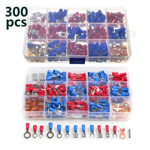 Solid 300Piece Assorted Insulated Electrical Wire Crimp Connectors With Spade Butt Ring Fork Terminals And Rolled Lugs Set In Handy Box, 300 pcs