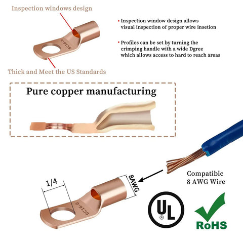 Close-up of 80 Pcs Copper Wire Lugs And 40 Pcs Heat Shrink Set For Battery Terminals with inspection windows and pure copper manufacturing
