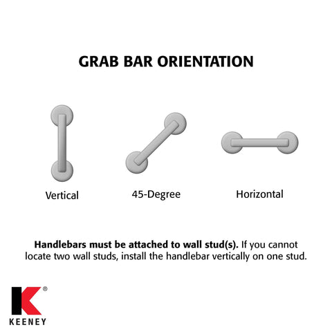 Diagram showing vertical, 45-degree, and horizontal mounting for Wave Grab Bar 1.25 Inch Diameter 16 Inch Length Brushed Nickel 18 Gauge Stainless Steel Construction ADA Compliant Durable Bathroom Grab Rail Vertical Or Horizontal Mounting Built to Last.