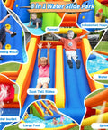 Giant Backyard Water Park With Tall Dual Slides, Climbing Walls, Splash Pool, Tunnel, Water Cannon And Sprayer, Two Basketball Hoops