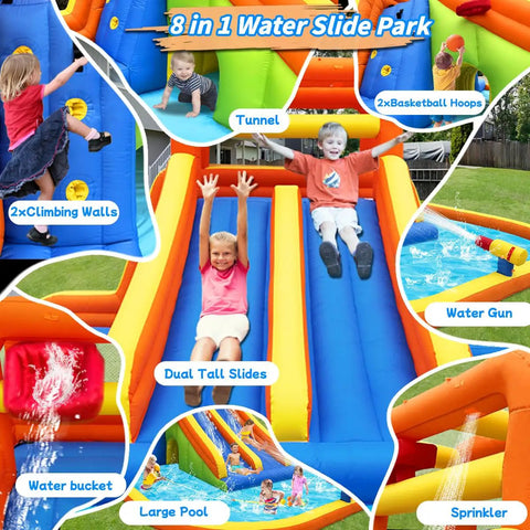 Giant Backyard Water Park With Tall Dual Slides, Climbing Walls, Splash Pool, Tunnel, Water Cannon And Sprayer, Two Basketball Hoops