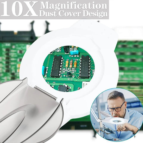 10X magnification view of circuit board through 5X Magnifying Glass With Light And Stand for Reading and DIY Crafts.