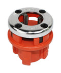Ratcheting Pipe Threader Kit With Three Dies One Half Inch, Three Quarter Inch, And One Inch Hinge Plate Heads Long Ergonomic Handle Delivers Max Torque Built Tough For Quick Pipe Fits In Construction And Plumbing die head close-up.