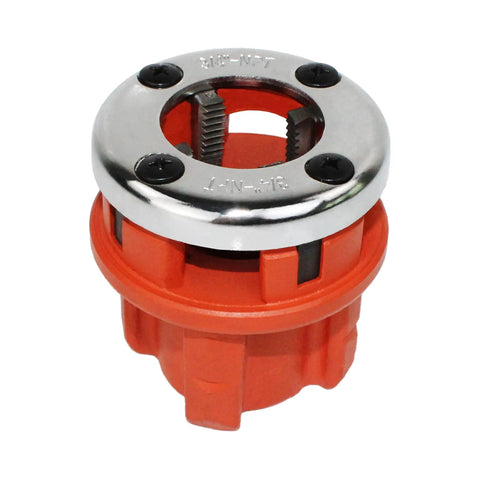 Ratcheting Pipe Threader Kit With Three Dies One Half Inch, Three Quarter Inch, And One Inch Hinge Plate Heads Long Ergonomic Handle Delivers Max Torque Built Tough For Quick Pipe Fits In Construction And Plumbing die head close-up.