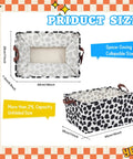 Three Pack Cartoon Canvas Storage Baskets With Leather Handles Waterproof Collapsible Organizer Bins For Closet And Bedroom Go To Organization 16 X 11 X 8 Inches Black Yellow Blue, shown in black and white cow print design with size dimensions labeled.