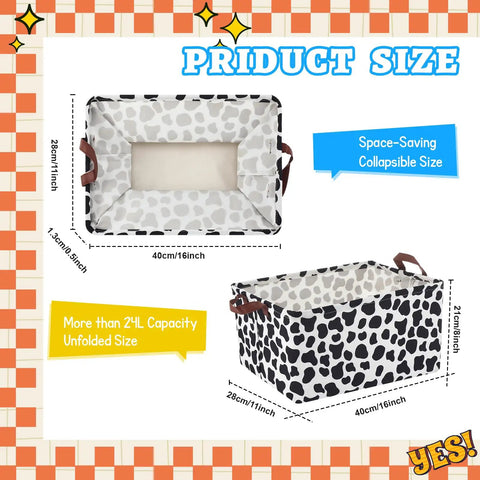Three Pack Cartoon Canvas Storage Baskets With Leather Handles Waterproof Collapsible Organizer Bins For Closet And Bedroom Go To Organization 16 X 11 X 8 Inches Black Yellow Blue, shown in black and white cow print design with size dimensions labeled.