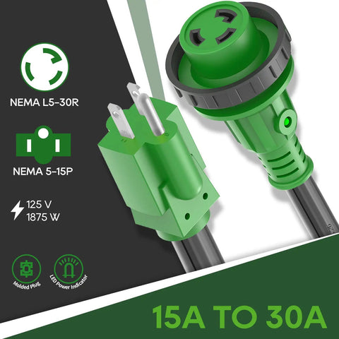 15 Amp To 30 Amp RV Adapter Cord With Locking NEMA L5-30R To NEMA 5-15P, 12 Inch, LED Power Indicator, ETL Listed, Green with plug details