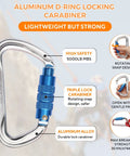 Aluminum D-ring locking carabiner, lightweight, 5000 lb MBS, features triple lock design for arborist safety and use.