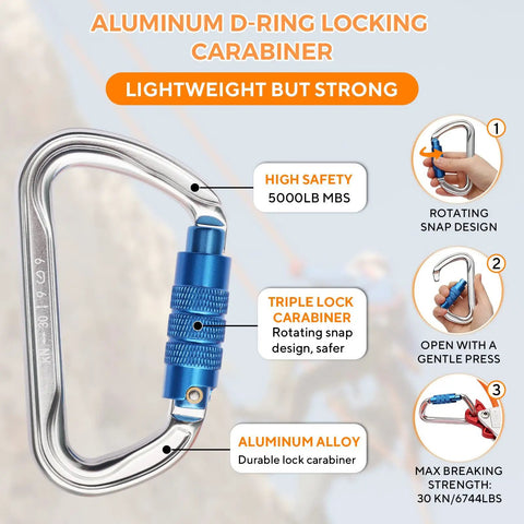 Aluminum D-ring locking carabiner, lightweight, 5000 lb MBS, features triple lock design for arborist safety and use.