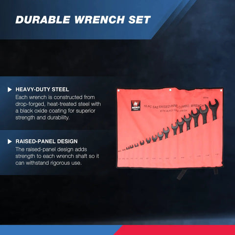 Heavy Duty Jumbo Combination Wrench Set 16 Piece SAE From 1/4 Inch To 1-1/4 Inch shown in roll case with details