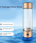 Hydrogen Water Bottle With Nasal Inhalation Hose For On The Go Hydration, 410ml showing rich hydrogen features and gold design