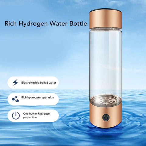 Hydrogen Water Bottle With Nasal Inhalation Hose For On The Go Hydration, 410ml showing rich hydrogen features and gold design