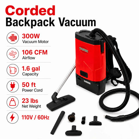 Heavy Duty Commercial Backpack Vacuum Cleaner Features High 106 CFM Suction Power And Extra Large 1 Point 6 Gallon Dust Capacity For Janitorial Teams Offices Schools Hotels Warehouses Gyms Airports Cleaning Floors Corners Edges And Above Floor Areas With