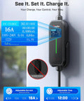 2026 Upgraded Tesla Mobile Home Charger Level 1 And 2 16 Amp Smart Schedule Nema 5 15 6 20 Plug with digital display showing charge details.