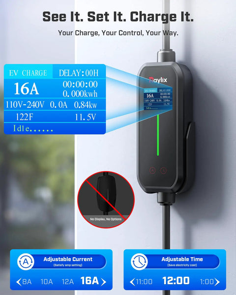 2026 Upgraded Tesla Mobile Home Charger Level 1 And 2 16 Amp Smart Schedule Nema 5 15 6 20 Plug with digital display showing charge details.