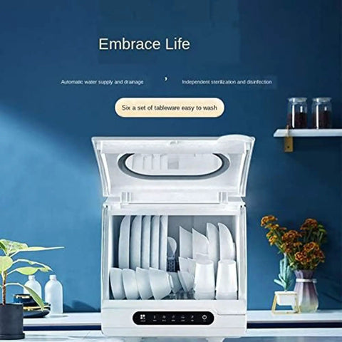 Compact Mini Portable Countertop Dishwasher with dishes inside, ideal for tiny kitchens and college dorms.