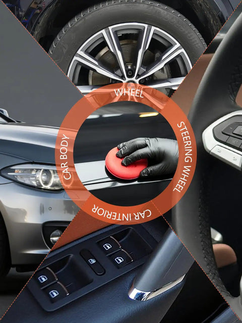 Diagram showing uses of 10 Pack Foam Wax Applicator Pads For Car Detailing on wheels, body, steering, and interior.