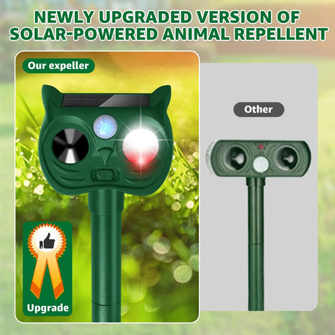 Solar Powered Ultrasonic Animal Repellent With Outdoor Motion Sensor For Squirrels And Deer Yard Guard PIR Detection Up To 30 Feet 120 Degree Coverage Inaudible To Humans With LED Strobe, green stake