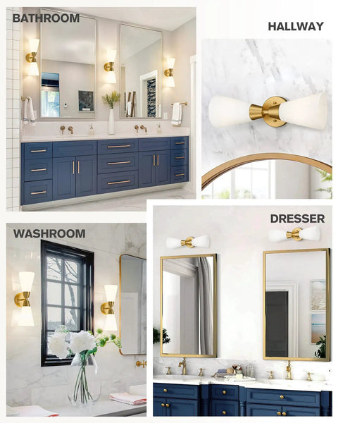 Brushed Gold Vanity Light Fixture Over Mirror With Frosted Milk Glass Sconce in bathroom, hallway, and washroom settings