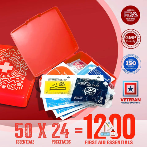 Front view of EVERLIT Pocket-Aid Mini First Aid Kit in red hard-shell case with wound-care supplies