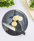 Tempered Glass Cutting Board Round 7.9 Inch Multipurpose Chopping Surface Non Porous Easy To Clean Kitchen Prep Board with knife and lemons