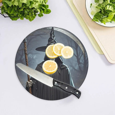 Tempered Glass Cutting Board With Non Slip Base Round Chopping Block For Kitchen And Charcuterie Heat Resistant Knife Mark Free Surface Easy To Clean Durable Glass Cutting Board For Slicing And Serving with knife and lemons