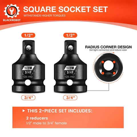 2 Piece Impact Socket Adapter Set Three Quarter Inch Female To One Half Inch Male For Impact Driver Wrench SAE Drive Cr-Mo Steel Exceeds ANSI Standards Square Drive Socket Reducer With Laser Markings