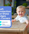 Hella Secure Baby Proofing Pack Featuring Clear Pvc Edge And Corner Guards Strong Peel Adhesive Wraps on wooden table with a smiling toddler.