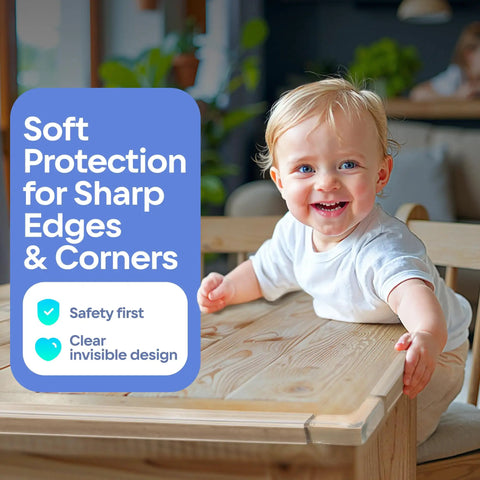Hella Secure Baby Proofing Pack Featuring Clear Pvc Edge And Corner Guards Strong Peel Adhesive Wraps on wooden table with a smiling toddler.